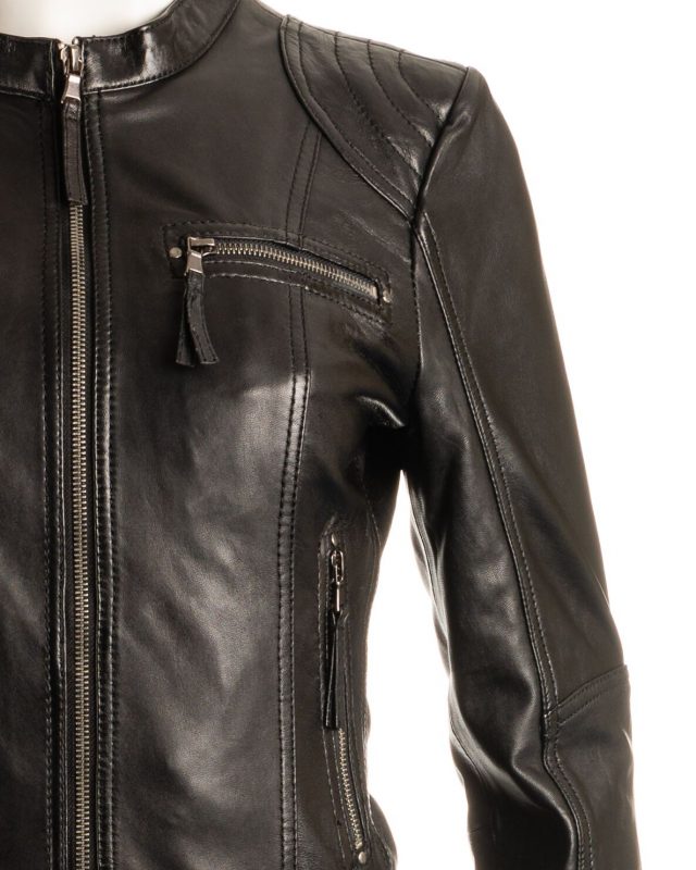 Ladies Black Biker Style Leather Jacket | Saffiano Leather