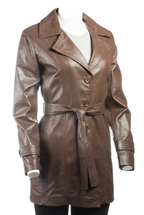Ladies Brown Mackintosh Style Leather Coat | Saffiano Leather