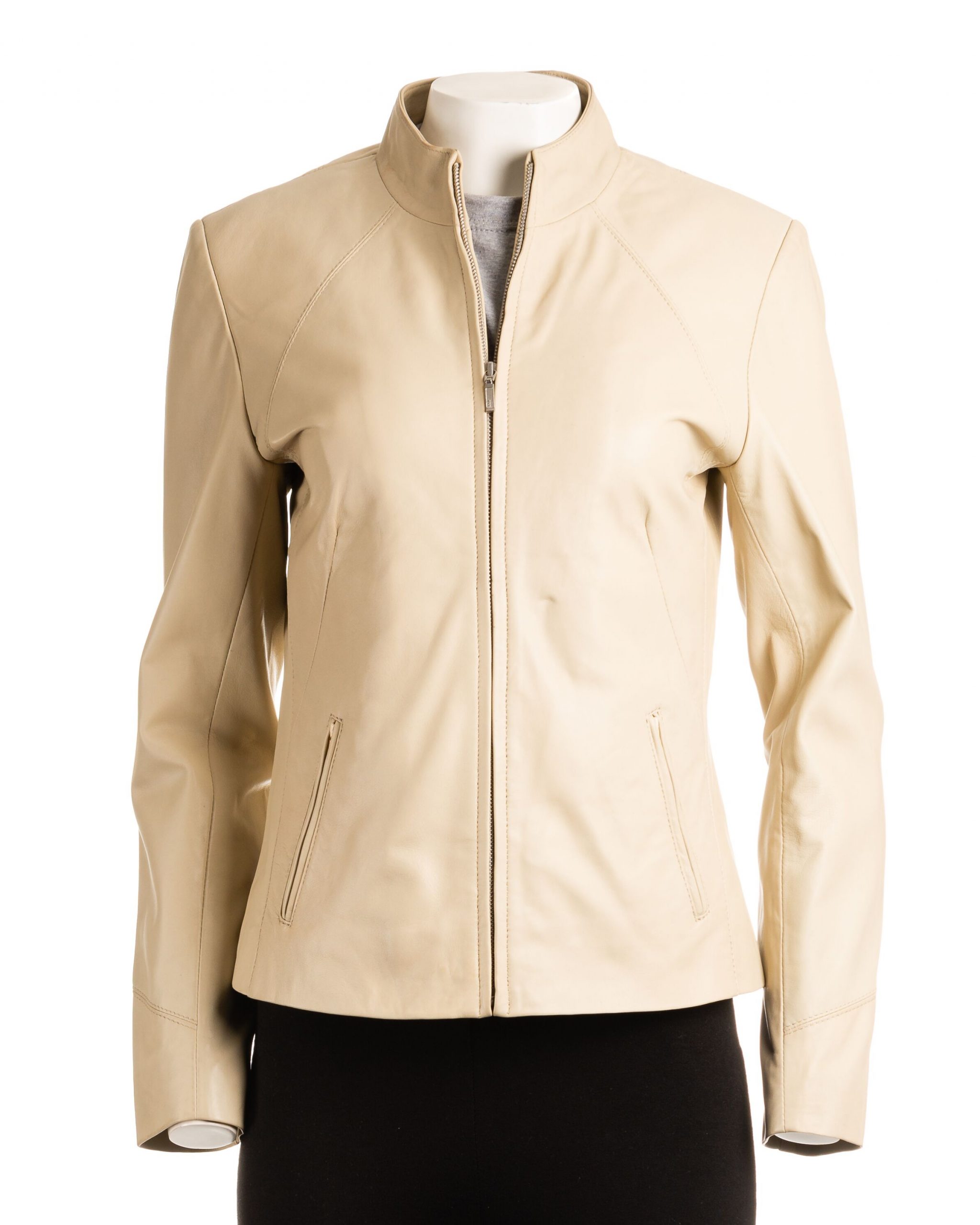 Ladies Cream Beige Plain Short Zipped Leather Jacket