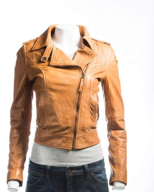 Ladies Tan Short And Simple Asymmetric Biker Style Leather Jacket