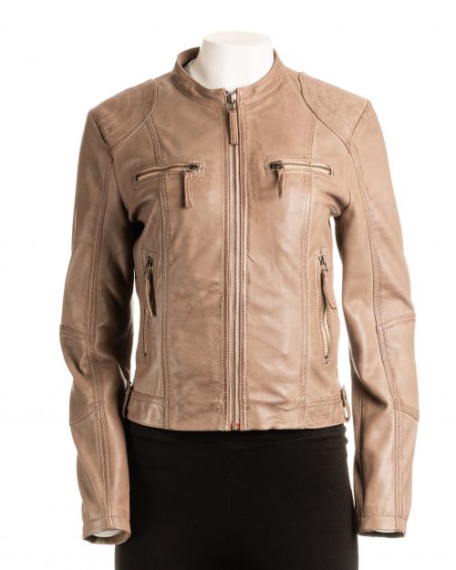 Ladies Taupe Biker Style Leather Jacket