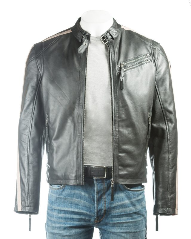 Men's Black Racer Style Leather Jacket | Saffiano Leather