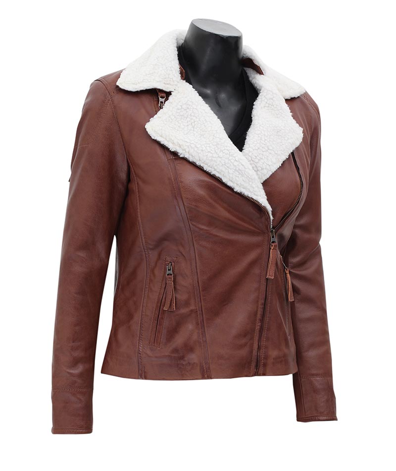 Womens Brown Waxed Shearling Leather Jacket | Best